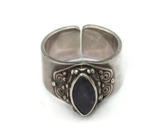 Bali Style Amethyst and Sterling Ring Signed Sajen Adjustable Size 7 1/2 Dots and Coils