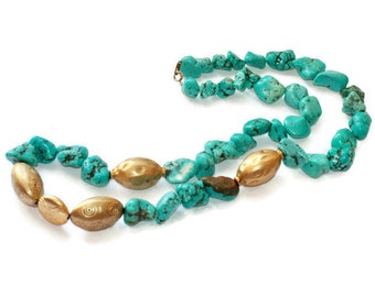 Turquoise Howlite Bead Necklace Chunky Gold Tone Accent Beads Vintage 26 Inches Long