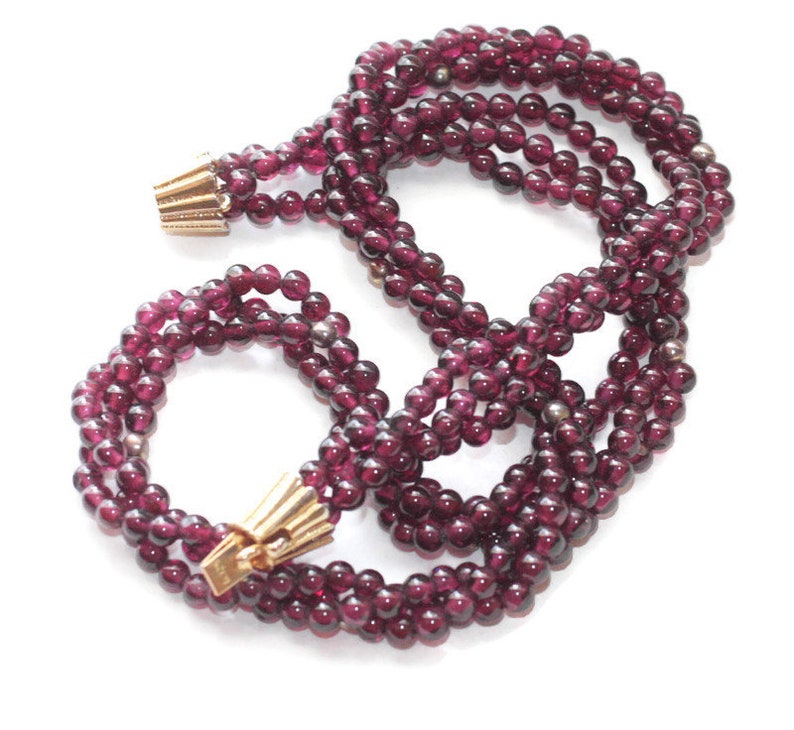 Three Strand Garnet Bead Necklace Gold Over Sterling Clasp Torsade Style Vintage