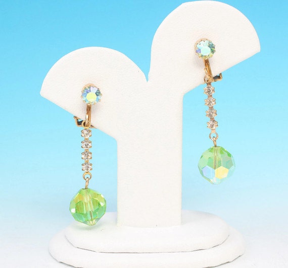 Green Aurora Borealis Crystal Dangle Earrings Cle… - image 3