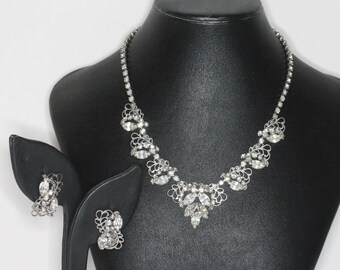 Vintage Filigree Choker Necklace and Earrings: Clear Rhinestones, Wedding Jewelry
