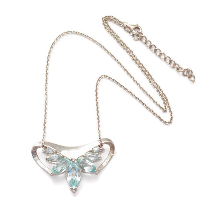 Blue Topaz and Sterling Pendant Necklace Seven Marquise Stones 18 Inch Chain Vintage