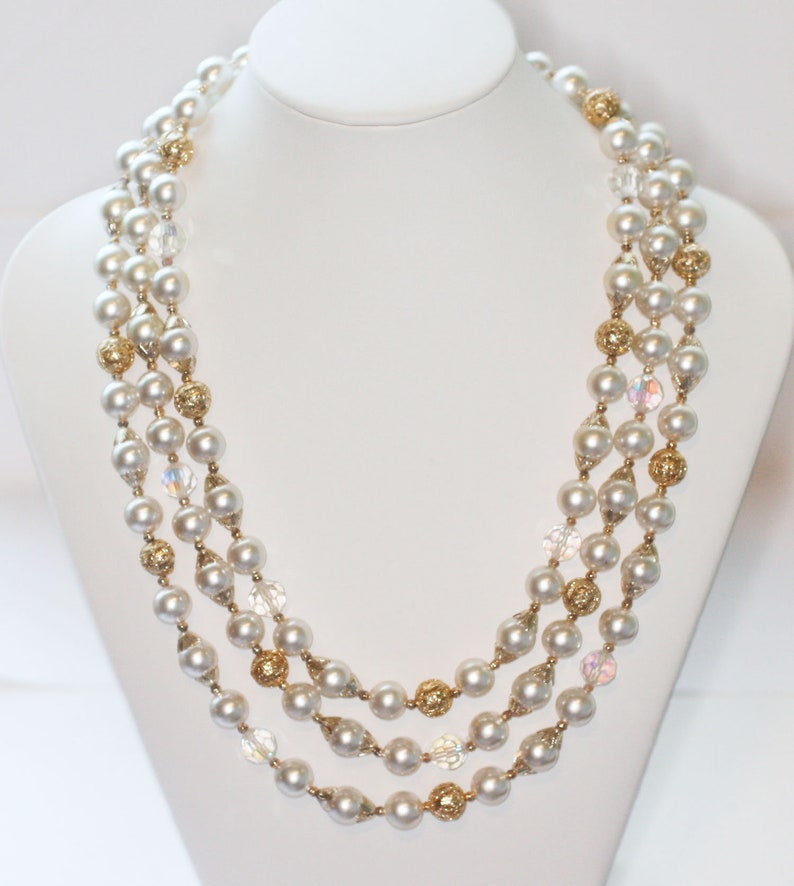 Aurora Borealis Crystal Bead Necklace Faux Pearls Japan Three Strand Necklace Wedding Necklace