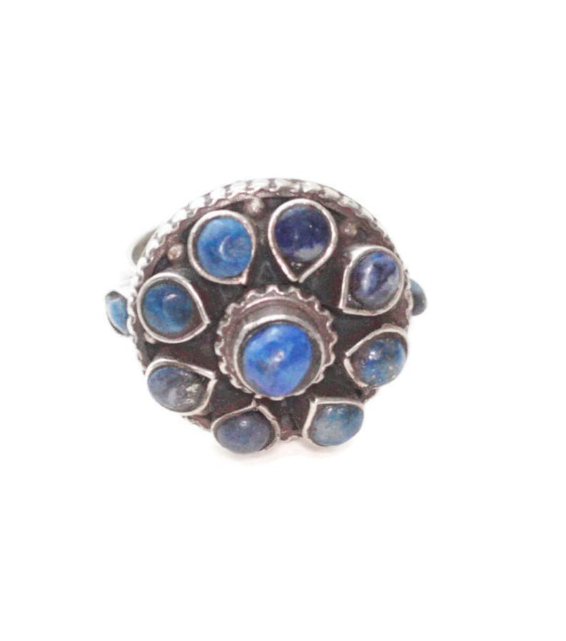 Lapis Lazuli and Sterling Silver Zuni Style Ring Size 7 Vintage Southwestern Cluster Statement Ring