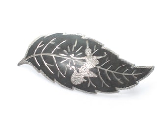 Siam Sterling Niello Enamel Leaf Shape Brooch Goddess Mekkala Lightning