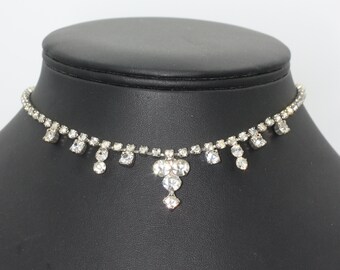 Clear Crystal Rhinestone Necklace Choker 14.5 Inch Slender Neck Wedding Prom 1950s Vintage