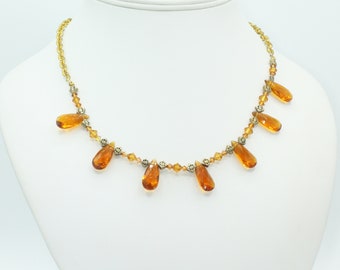 Dark Orange Briolette Faceted Bead Necklace Gold Tone Chain Bib Necklace 22 Inches