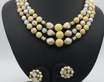 Vintage Three Strand Beaded Necklace and Earrings: Yellow Opalescent Gold Tones