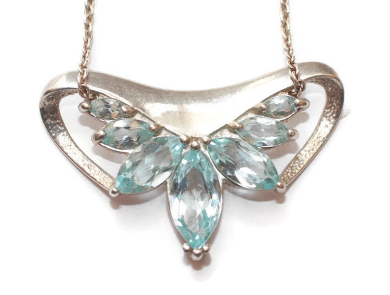 Blue Topaz and Sterling Pendant Necklace Seven Marquise Stones 18 Inch Chain Vintage