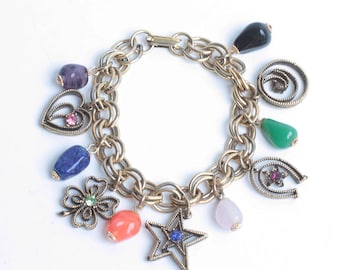 Vintage Chunky Charm Bracelet: Rhinestone Heart, Clover, Horseshoe, Star