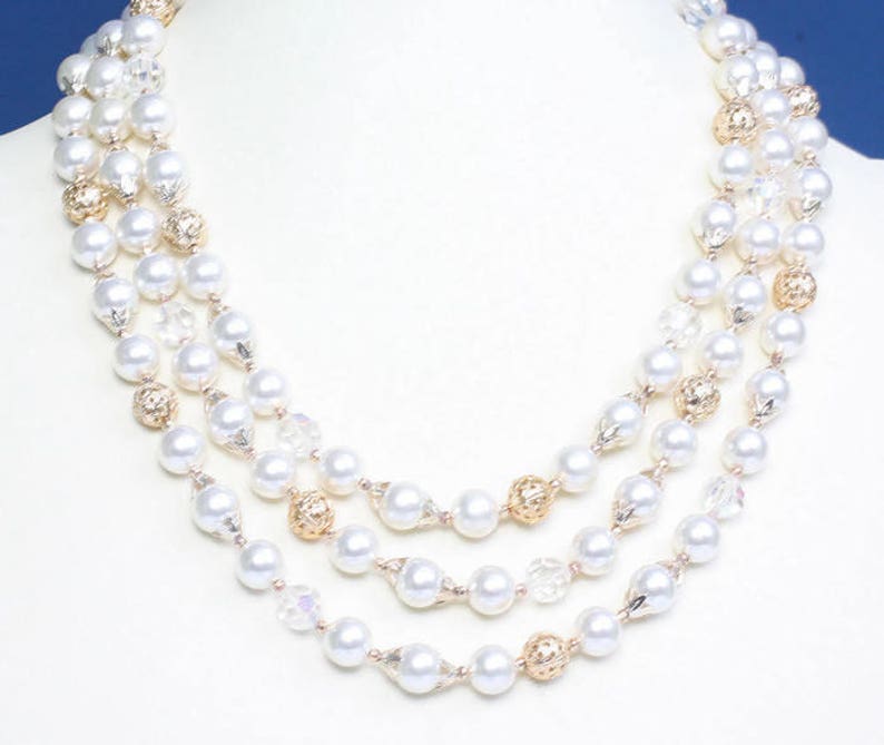 Aurora Borealis Crystal Bead Necklace Faux Pearls Japan Three Strand Necklace Wedding Necklace