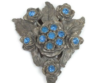 Vintage Little Nemo Dress Clip Sapphire Blue Stones Floral Design Dress Clip Dark Gray Metal