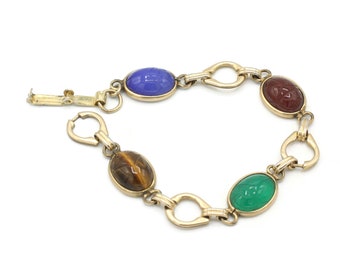 Four Gemstone Scarab Bracelet Gold Tone Tigers Eye Carnelian Green and Blue Gemstones