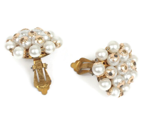 Faux Pearl Cluster Clip On Earrings Japan Gold To… - image 2