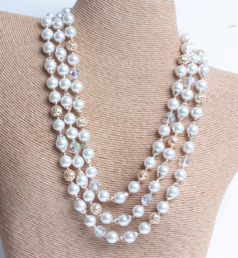 Aurora Borealis Crystal Bead Necklace Faux Pearls Japan Three Strand Necklace Wedding Necklace