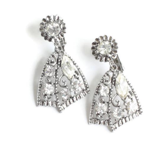 Clear Rhinestone Dangle Earrings Triangular Shape… - image 1