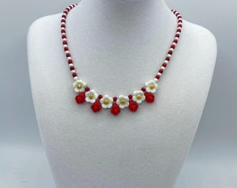 Vintage Red and White Flower Bead Necklace: Czech Bohemian 1920s 1930s