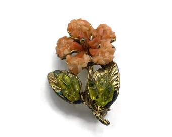 Vintage Peridot and Coral Chip Floral Brooch:  Hibiscus Flower Jewelry