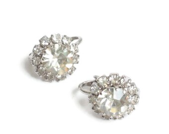Vintage Clear Crystal Halo Earrings: Clip On Style, Special Occasion Jewelry