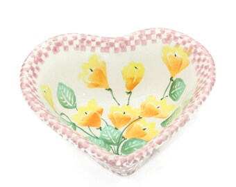 Ancora Italy Hand Painted Ceramic Dish Heart Shaped Yellow and Orange Floral Pink and White Trim Country Kitchen CottageCore