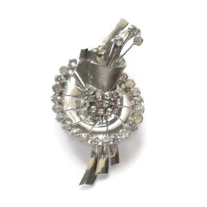 Retro Moderne Sterling Brooch Clear Rhinestones Diamante 1940s Vintage