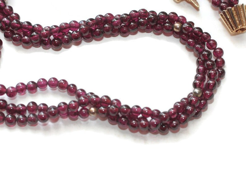 Three Strand Garnet Bead Necklace Gold Over Sterling Clasp Torsade Style Vintage