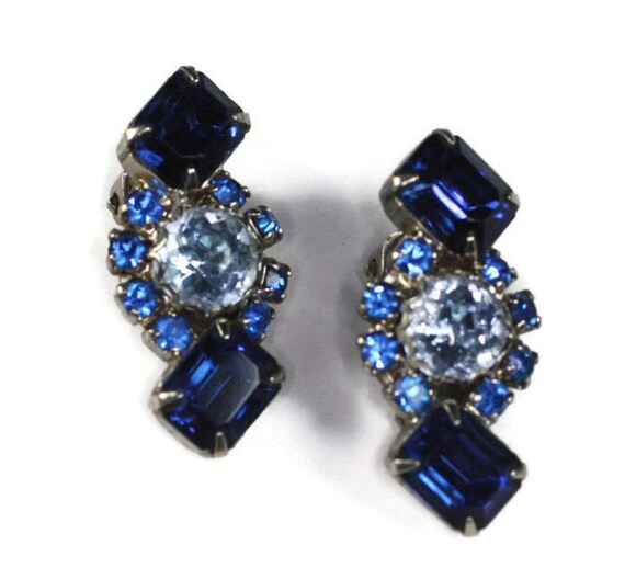 Three Shades of Blue Rhinestone Earrings Dark and… - image 3