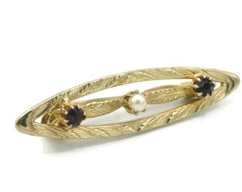 Victorian Revival Bar Pin: Faux Amethyst, Pearl, Gold Plated Collar Pin