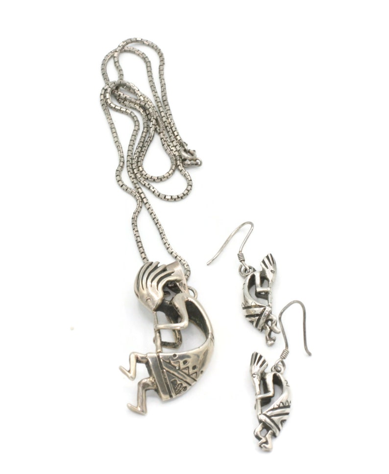 Sterling Silver Kokopelli Set Necklace Dangle Earrings 36 Gm Vintage Native American Set