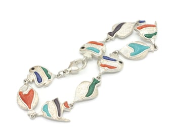 Sterling Silver Gemstone Fish Bracelet: Lapis, Coral, Malachite, Onyx & Turquoise Inlay