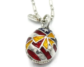Enameled USA Flag Egg Pendant: Yellow Ribbon Accent, Sterling Silver Patriotic Jewelry