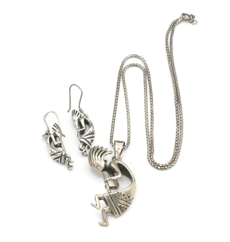 Sterling Silver Kokopelli Set Necklace Dangle Earrings 36 Gm Vintage Native American Set