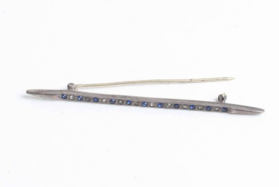 Antique Sterling Bar Pin Blue and Clear Stones Si… - image 2