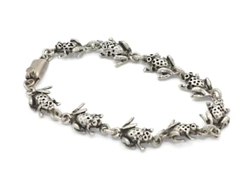Sterling Silver Frog Link Bracelet Taxco Mexico Signed TC-266 Animal Figural Jewelry