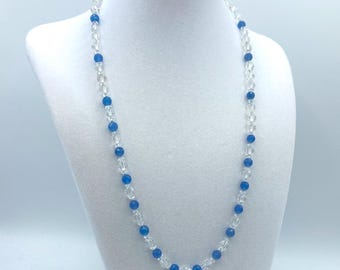 Rock Crystal and Blue Glass Necklace: Sterling Filigree Clasp, 23 Inch Length