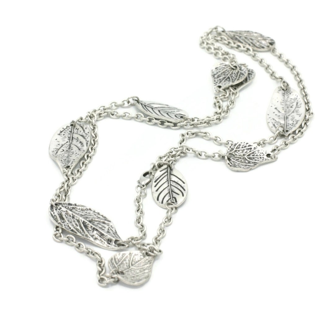 Silver Tone Leaves Station Necklace 40 Inches Long Layering Stacking ...