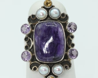 Charoite Gemstone Sterling Ring with Amethyst Citrine and Pearls  Signed NB Nicky Butler