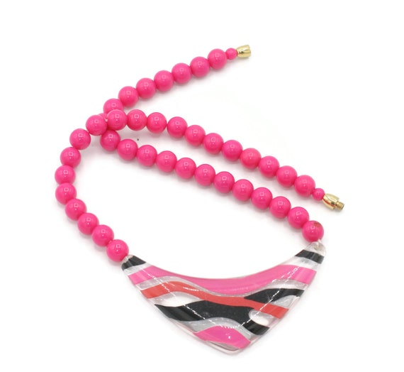 Hot Pink Lucite Necklace Pink Black and Clear Luc… - image 5