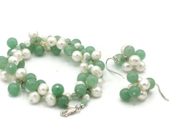 Freshwater Pearl and Aventurine Cluster Bracelet Dangle Earrings Jean Lin Collection Original Box