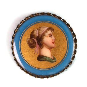 Antique Victorian Era Woman Hand Painted Pin Porcelain Brooch Gold Filled Frame Pin
