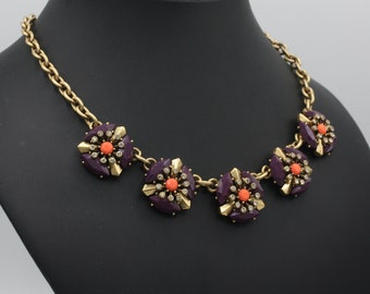 J Crew Bib Necklace Purple Orange and Clear Rhinestones Gold Tone Accents Statement Necklace Designer