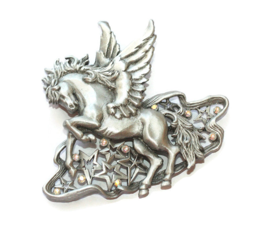 JJ Winged Horse Pegasus Brooch Stars Cloud AB Crystals Silver - Etsy
