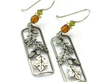 Acorn and Oak Leaf Earrings Cut Out Rectangular Silver Tone Green and Orange Crystals Dangle Earrings