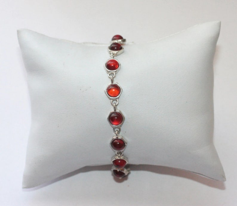 Amber and Sterling Silver Link Bracelet Hexagonal Links Small Cabochons Vintage