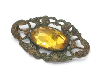 Czech Faceted Citrine Glass Brooch: Filigree Brass Setting, Diamond Shaped