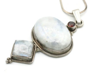 Large Moonstone and Garnet Pendant Necklace: Sterling Silver, 20 Inch Chain
