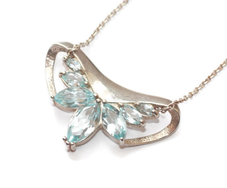 Blue Topaz and Sterling Pendant Necklace Seven Marquise Stones 18 Inch Chain Vintage