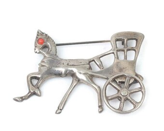 Vintage Mexican Sterling Silver Horse & Buggy Brooch: Movable Wheel Figural Pin