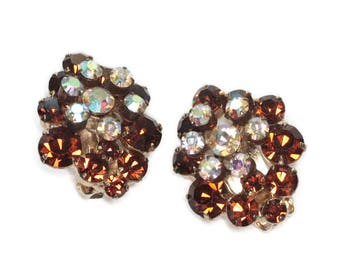 Golden Brown and Clear Rhinestone Earrings Juliana Earrings Dimensional Clusters Clip Ons Vintage