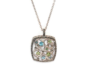 Gemstone Sterling Pendant Necklace: Marcasites, Blue and Green Stones, 19 Inch Chain